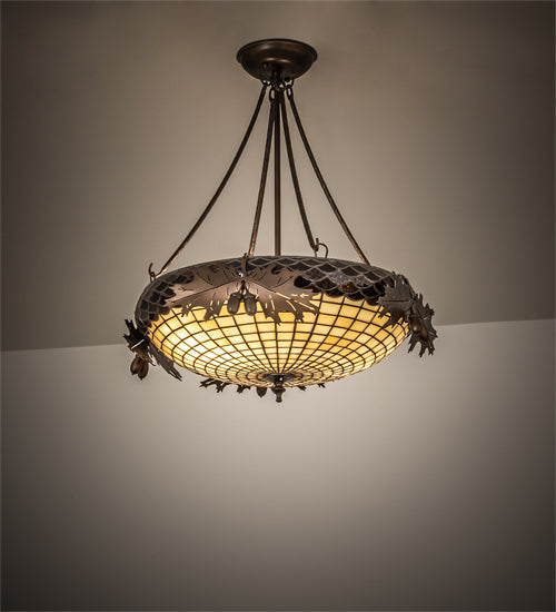 Meyda Lighting Oak Leaf & Acorn 19" 2-Light Antique Copper Semi-flush Mount Light With Bark Brown & Beige Art Shade Glass