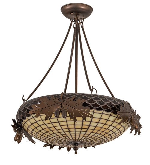 Meyda Lighting Oak Leaf & Acorn 19" 2-Light Antique Copper Semi-flush Mount Light With Bark Brown & Beige Art Shade Glass