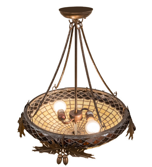 Meyda Lighting Oak Leaf & Acorn 19" 2-Light Antique Copper Semi-flush Mount Light With Bark Brown & Beige Art Shade Glass