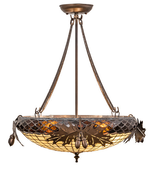 Meyda Lighting Oak Leaf & Acorn 19" 2-Light Antique Copper Semi-flush Mount Light With Bark Brown & Beige Art Shade Glass
