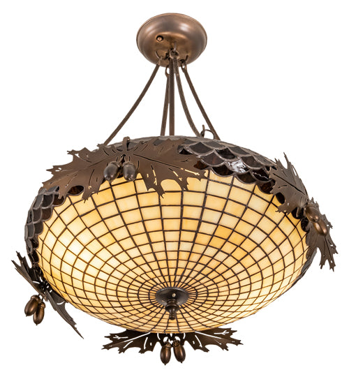 Meyda Lighting Oak Leaf & Acorn 19" 2-Light Antique Copper Semi-flush Mount Light With Bark Brown & Beige Art Shade Glass