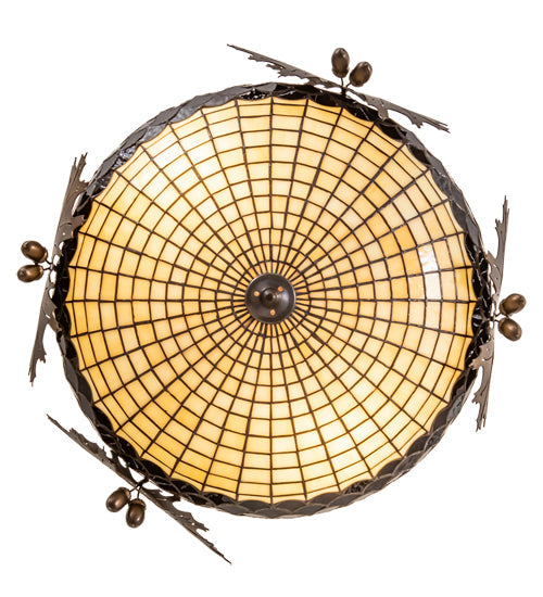 Meyda Lighting Oak Leaf & Acorn 19" 2-Light Antique Copper Semi-flush Mount Light With Bark Brown & Beige Art Shade Glass