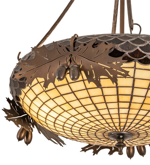 Meyda Lighting Oak Leaf & Acorn 19" 2-Light Antique Copper Semi-flush Mount Light With Bark Brown & Beige Art Shade Glass