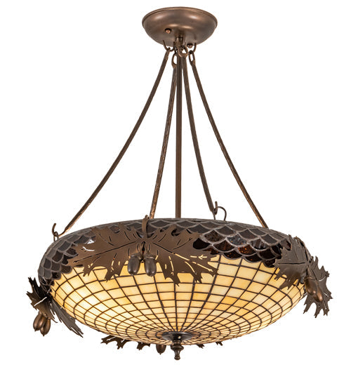 Meyda Lighting Oak Leaf & Acorn 19" 2-Light Antique Copper Semi-flush Mount Light With Bark Brown & Beige Art Shade Glass