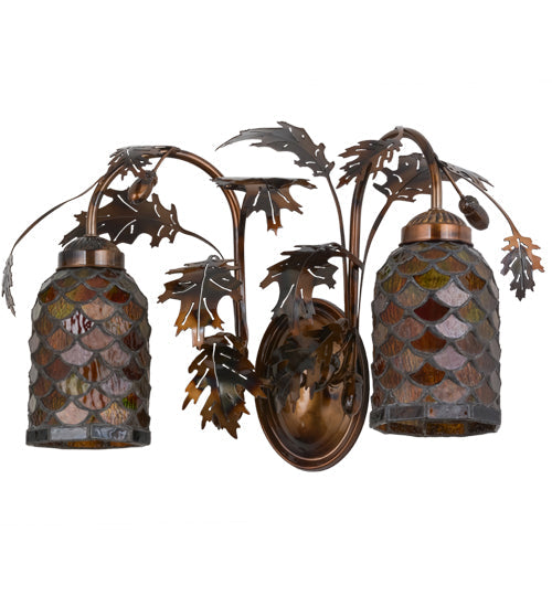 Meyda Lighting Oak Leaf & Acorn 20" 2-Light Dark Burnished Transparent Copper Mountain Pine Wall Sconce With Bark Brown and Amber Shade Glass