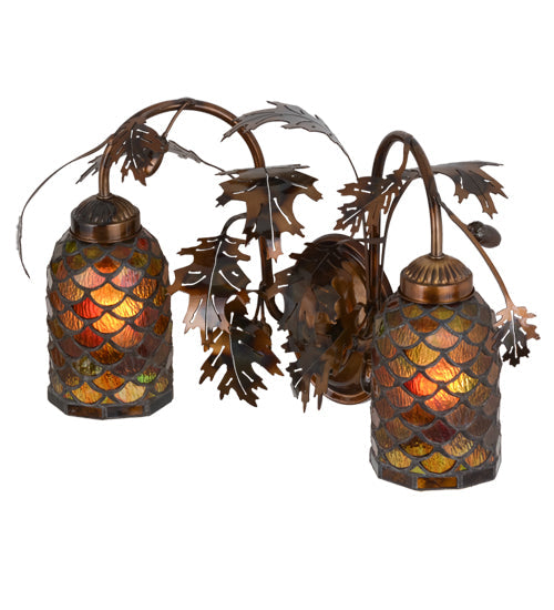 Meyda Lighting Oak Leaf & Acorn 20" 2-Light Dark Burnished Transparent Copper Mountain Pine Wall Sconce With Bark Brown and Amber Shade Glass