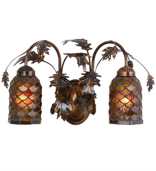 Meyda Lighting Oak Leaf & Acorn 20" 2-Light Dark Burnished Transparent Copper Mountain Pine Wall Sconce With Bark Brown and Amber Shade Glass