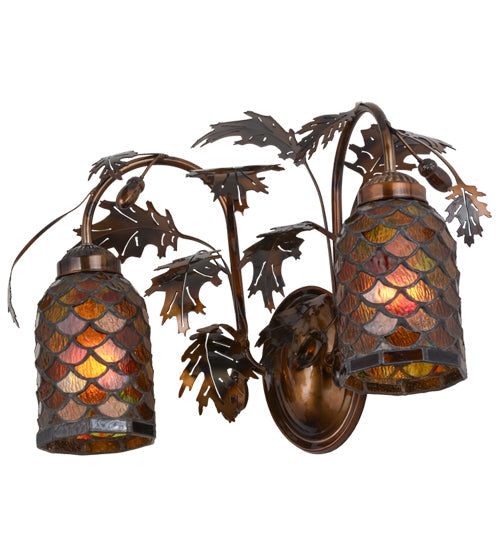 Meyda Lighting Oak Leaf & Acorn 20" 2-Light Dark Burnished Transparent Copper Mountain Pine Wall Sconce With Bark Brown and Amber Shade Glass