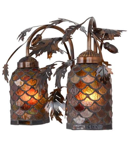 Meyda Lighting Oak Leaf & Acorn 20" 2-Light Dark Burnished Transparent Copper Mountain Pine Wall Sconce With Bark Brown and Amber Shade Glass