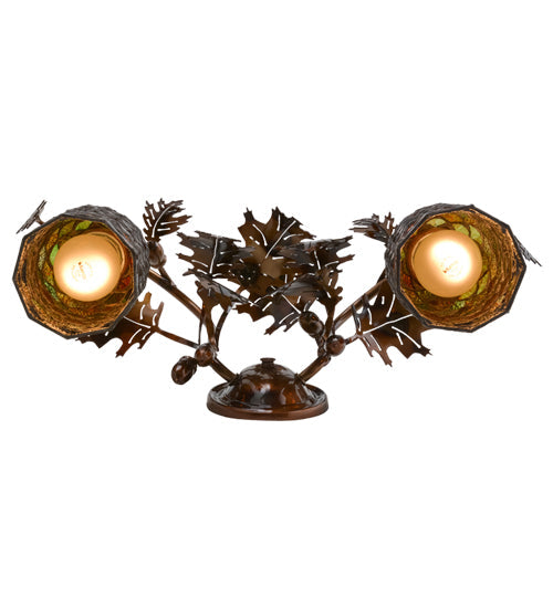 Meyda Lighting Oak Leaf & Acorn 20" 2-Light Dark Burnished Transparent Copper Mountain Pine Wall Sconce With Bark Brown and Amber Shade Glass