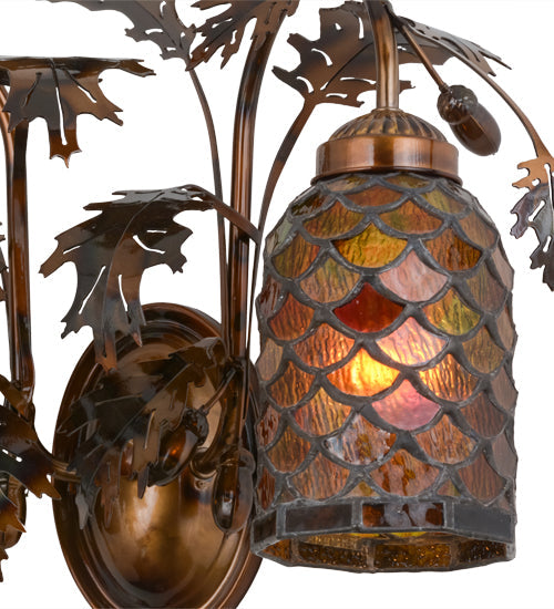 Meyda Lighting Oak Leaf & Acorn 20" 2-Light Dark Burnished Transparent Copper Mountain Pine Wall Sconce With Bark Brown and Amber Shade Glass