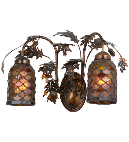 Meyda Lighting Oak Leaf & Acorn 20" 2-Light Dark Burnished Transparent Copper Mountain Pine Wall Sconce With Bark Brown and Amber Shade Glass