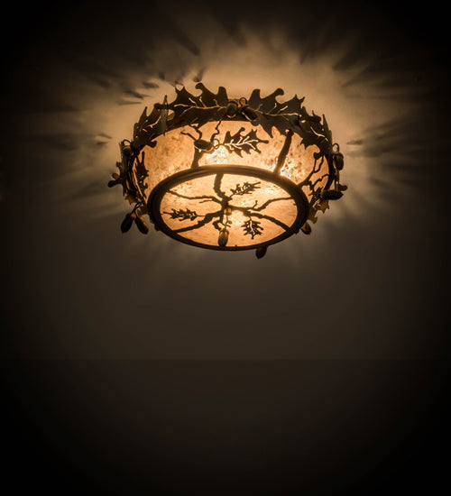 Meyda Lighting Oak Leaf & Acorn 20" 4-Light Antique Copper Flush Mount Light With Silver Mica Shade Glass