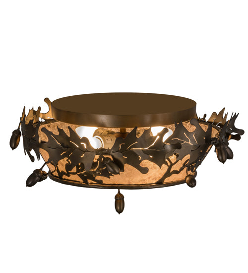 Meyda Lighting Oak Leaf & Acorn 20" 4-Light Antique Copper Flush Mount Light With Silver Mica Shade Glass