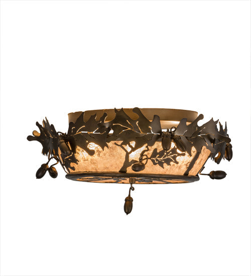 Meyda Lighting Oak Leaf & Acorn 20" 4-Light Antique Copper Flush Mount Light With Silver Mica Shade Glass