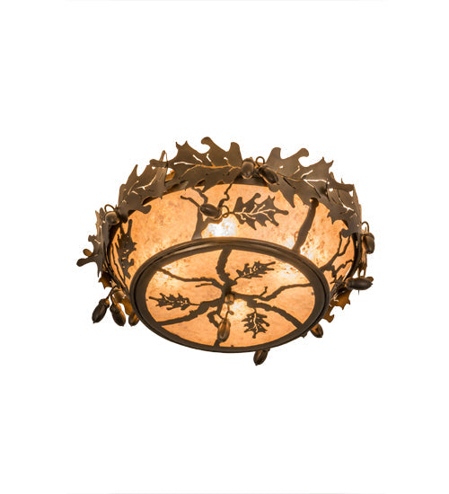 Meyda Lighting Oak Leaf & Acorn 20" 4-Light Antique Copper Flush Mount Light With Silver Mica Shade Glass