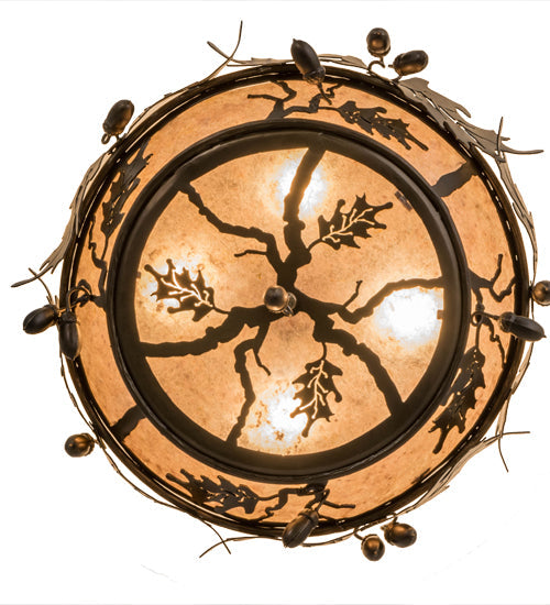 Meyda Lighting Oak Leaf & Acorn 20" 4-Light Antique Copper Flush Mount Light With Silver Mica Shade Glass
