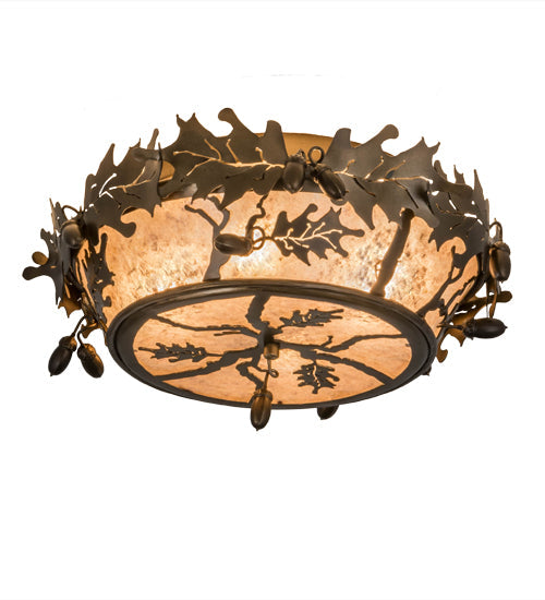 Meyda Lighting Oak Leaf & Acorn 20" 4-Light Antique Copper Flush Mount Light With Silver Mica Shade Glass