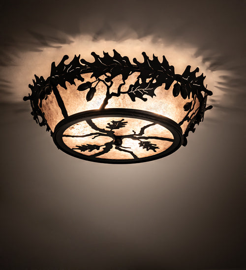 Meyda Lighting Oak Leaf & Acorn 20" 4-Light Textured Black Flush Mount Light With Silver Mica Shade Glass