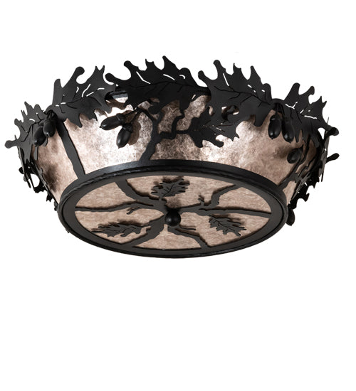 Meyda Lighting Oak Leaf & Acorn 20" 4-Light Textured Black Flush Mount Light With Silver Mica Shade Glass