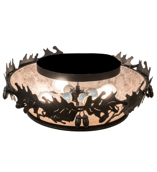 Meyda Lighting Oak Leaf & Acorn 20" 4-Light Textured Black Flush Mount Light With Silver Mica Shade Glass