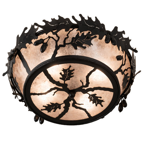 Meyda Lighting Oak Leaf & Acorn 20" 4-Light Textured Black Flush Mount Light With Silver Mica Shade Glass