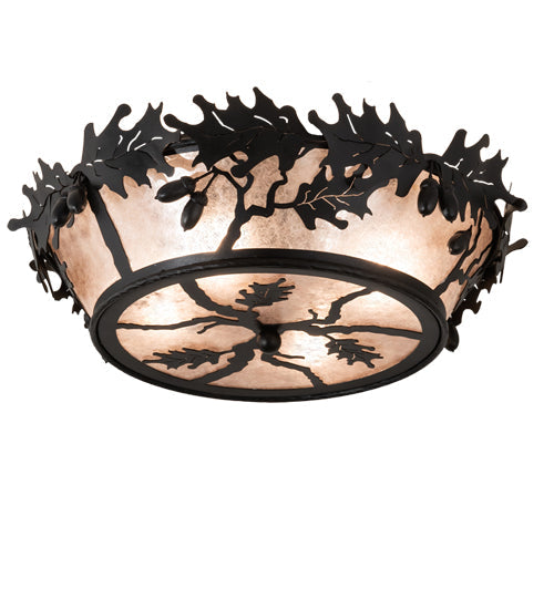 Meyda Lighting Oak Leaf & Acorn 20" 4-Light Textured Black Flush Mount Light With Silver Mica Shade Glass