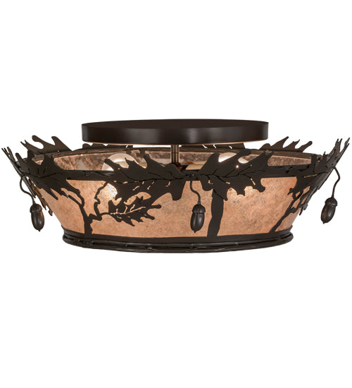 Meyda Lighting Oak Leaf & Acorn 20" 4-Light Timeless Bronze Flush Mount Light With Silver Mica Shade Glass