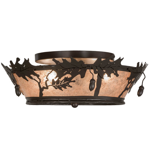 Meyda Lighting Oak Leaf & Acorn 20" 4-Light Timeless Bronze Flush Mount Light With Silver Mica Shade Glass