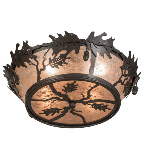 Meyda Lighting Oak Leaf & Acorn 20" 4-Light Timeless Bronze Flush Mount Light With Silver Mica Shade Glass