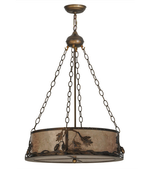 Meyda Lighting Oak Leaf & Acorn 22" 8-Light Dark Burnished Antique Copper Inverted Pendant Light With Silver Mica Shade Glass