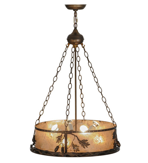 Meyda Lighting Oak Leaf & Acorn 22" 8-Light Dark Burnished Antique Copper Inverted Pendant Light With Silver Mica Shade Glass