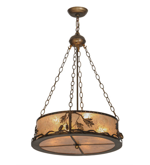 Meyda Lighting Oak Leaf & Acorn 22" 8-Light Dark Burnished Antique Copper Inverted Pendant Light With Silver Mica Shade Glass