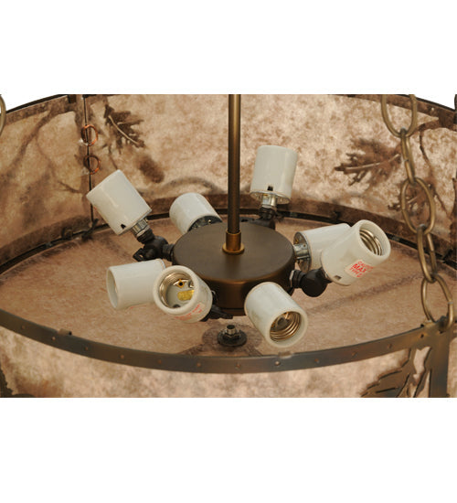 Meyda Lighting Oak Leaf & Acorn 22" 8-Light Dark Burnished Antique Copper Inverted Pendant Light With Silver Mica Shade Glass