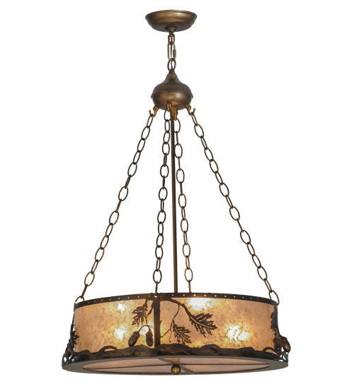 Meyda Lighting Oak Leaf & Acorn 22" 8-Light Dark Burnished Antique Copper Inverted Pendant Light With Silver Mica Shade Glass