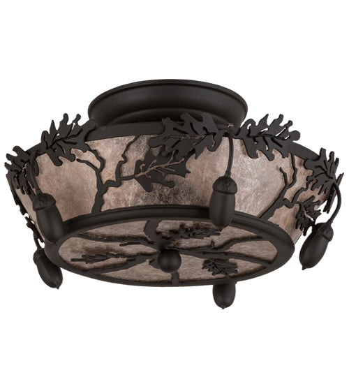 Meyda Lighting Oak Leaf & Acorn 250665 10" 2-Light Oil Rubbed Bronze Flush Mount Light With Silver Mica Shade Glass