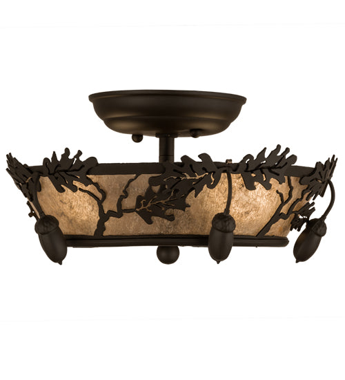 Meyda Lighting Oak Leaf & Acorn 250665 10" 2-Light Oil Rubbed Bronze Flush Mount Light With Silver Mica Shade Glass