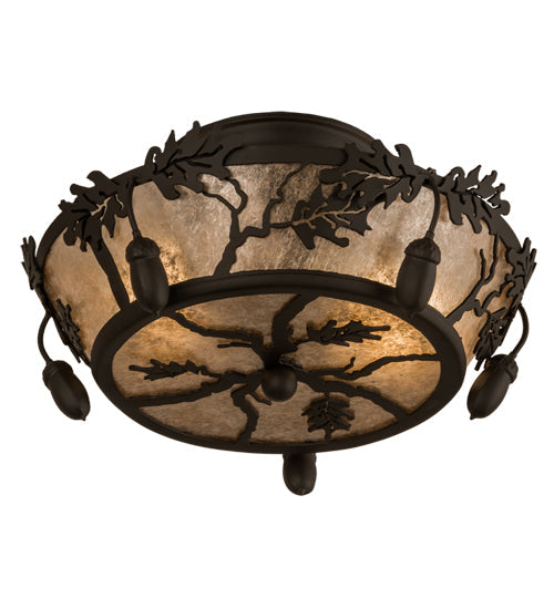 Meyda Lighting Oak Leaf & Acorn 250665 10" 2-Light Oil Rubbed Bronze Flush Mount Light With Silver Mica Shade Glass