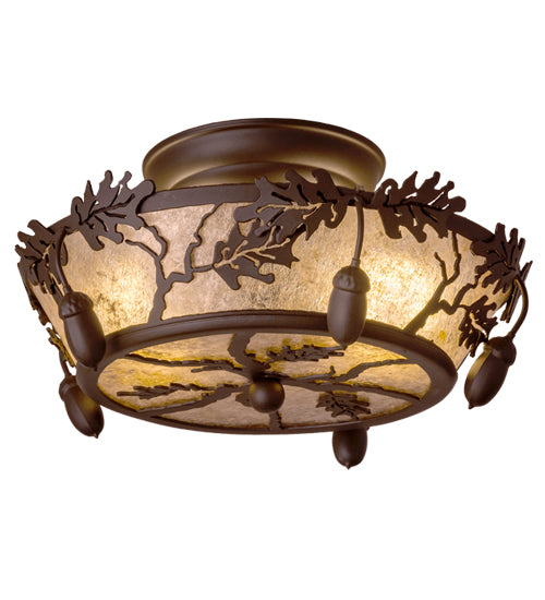 Meyda Lighting Oak Leaf & Acorn 250665 10" 2-Light Oil Rubbed Bronze Flush Mount Light With Silver Mica Shade Glass