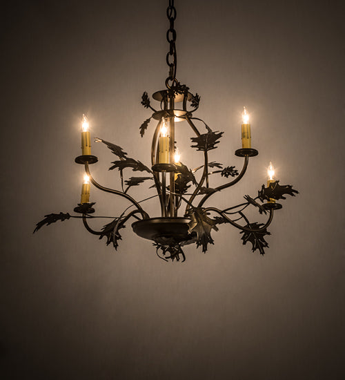 Meyda Lighting Oak Leaf & Acorn 28" 6-Light Antique Copper Chandelier With Ivory Faux Candlelight