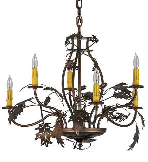 Meyda Lighting Oak Leaf & Acorn 28" 6-Light Antique Copper Chandelier With Ivory Faux Candlelight
