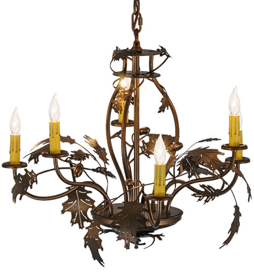 Meyda Lighting Oak Leaf & Acorn 28" 6-Light Antique Copper Chandelier With Ivory Faux Candlelight