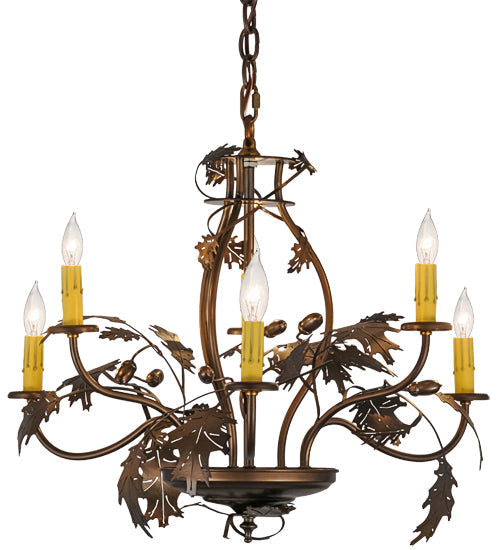 Meyda Lighting Oak Leaf & Acorn 28" 6-Light Antique Copper Chandelier With Ivory Faux Candlelight