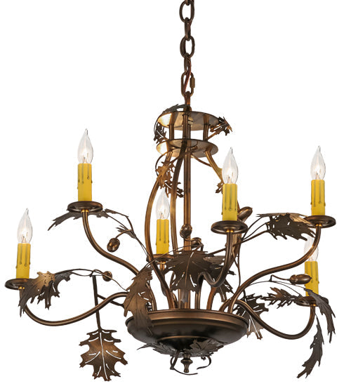 Meyda Lighting Oak Leaf & Acorn 28" 6-Light Antique Copper Chandelier With Ivory Faux Candlelight