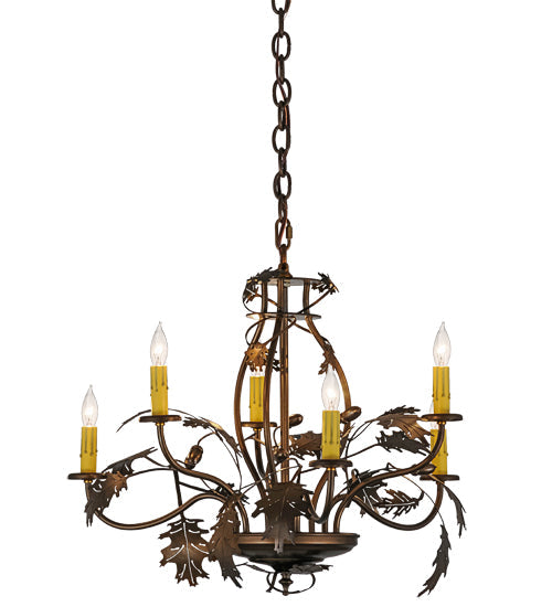 Meyda Lighting Oak Leaf & Acorn 28" 6-Light Antique Copper Chandelier With Ivory Faux Candlelight