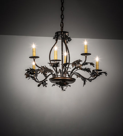 Meyda Lighting Oak Leaf & Acorn 28" 6-Light Dark Burnished Antique Copper Chandelier With Ivory Faux Candlelight