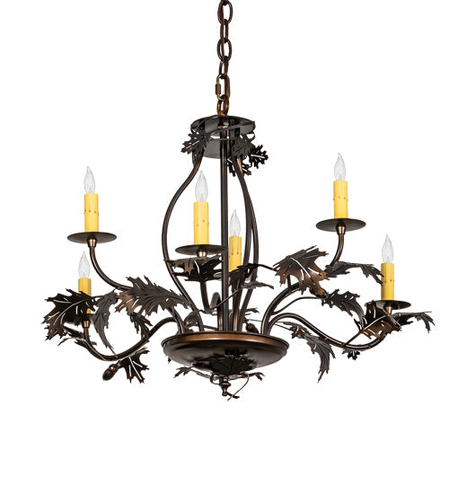 Meyda Lighting Oak Leaf & Acorn 28" 6-Light Dark Burnished Antique Copper Chandelier With Ivory Faux Candlelight