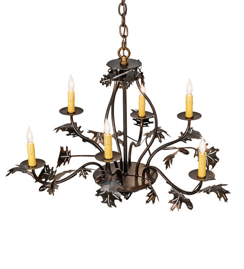 Meyda Lighting Oak Leaf & Acorn 28" 6-Light Dark Burnished Antique Copper Chandelier With Ivory Faux Candlelight