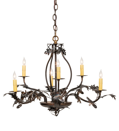 Meyda Lighting Oak Leaf & Acorn 28" 6-Light Dark Burnished Antique Copper Chandelier With Ivory Faux Candlelight