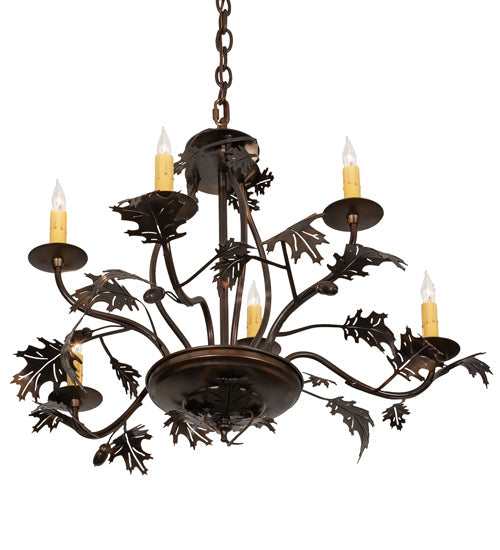 Meyda Lighting Oak Leaf & Acorn 28" 6-Light Dark Burnished Antique Copper Chandelier With Ivory Faux Candlelight
